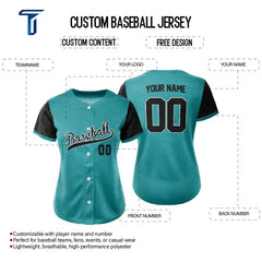 Custom Teal Black Split Button Down Baseball Jersey for Women