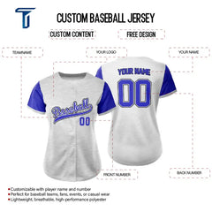 Custom Grey Blue Split Button Down Baseball Jersey for Women