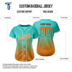 Custom Teal Orange Gradient Button Down Baseball Jersey for Women