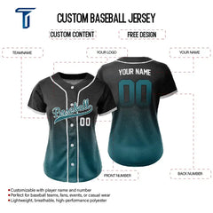 Custom Black Blue Gradient Button Down Baseball Jersey for Women