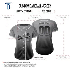 Custom Grey Black Gradient Button Down Baseball Jersey for Women