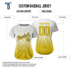 Custom White Yellow Gradient Button Down Baseball Jersey for Women