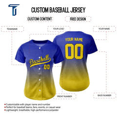 Custom Blue Yellow Gradient Button Down Baseball Jersey for Women