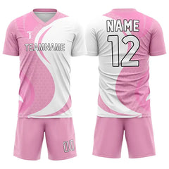 Custom Pink White Wave Team Soccer Jersey Uniform Set