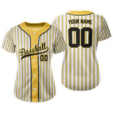 Custom Yellow White-Black Pinestripe Button Down Baseball Jersey for Women