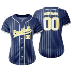 Custom Navy Blue White Pinestripe Button Down Baseball Jersey for Women