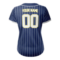 Custom Navy Blue White Pinestripe Button Down Baseball Jersey for Women
