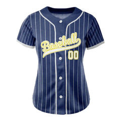 Custom Navy Blue White Pinestripe Button Down Baseball Jersey for Women