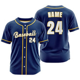 Custom Navy Blue Yellow Button Down Classic Baseball Jersey