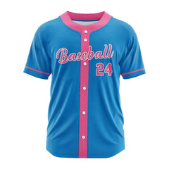 Custom Blue-Pink Button Down Baseball Jersey