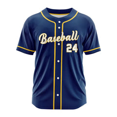 Custom Navy Blue Yellow Button Down Classic Baseball Jersey