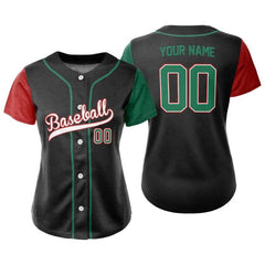 Colorblock Red-Green Custom Full Button Mexico Baseball Jersey for Women
