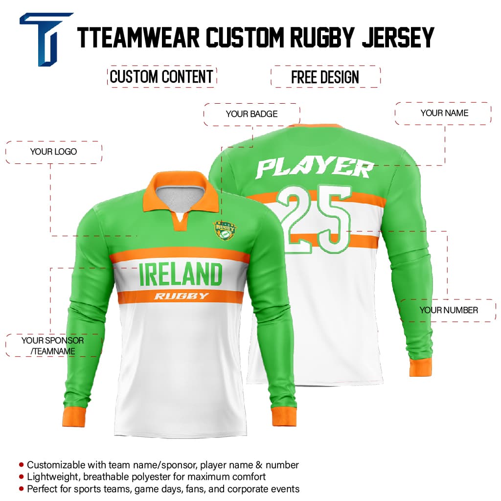 Custom Ireland Long Sleeve Rugby Social Jersey