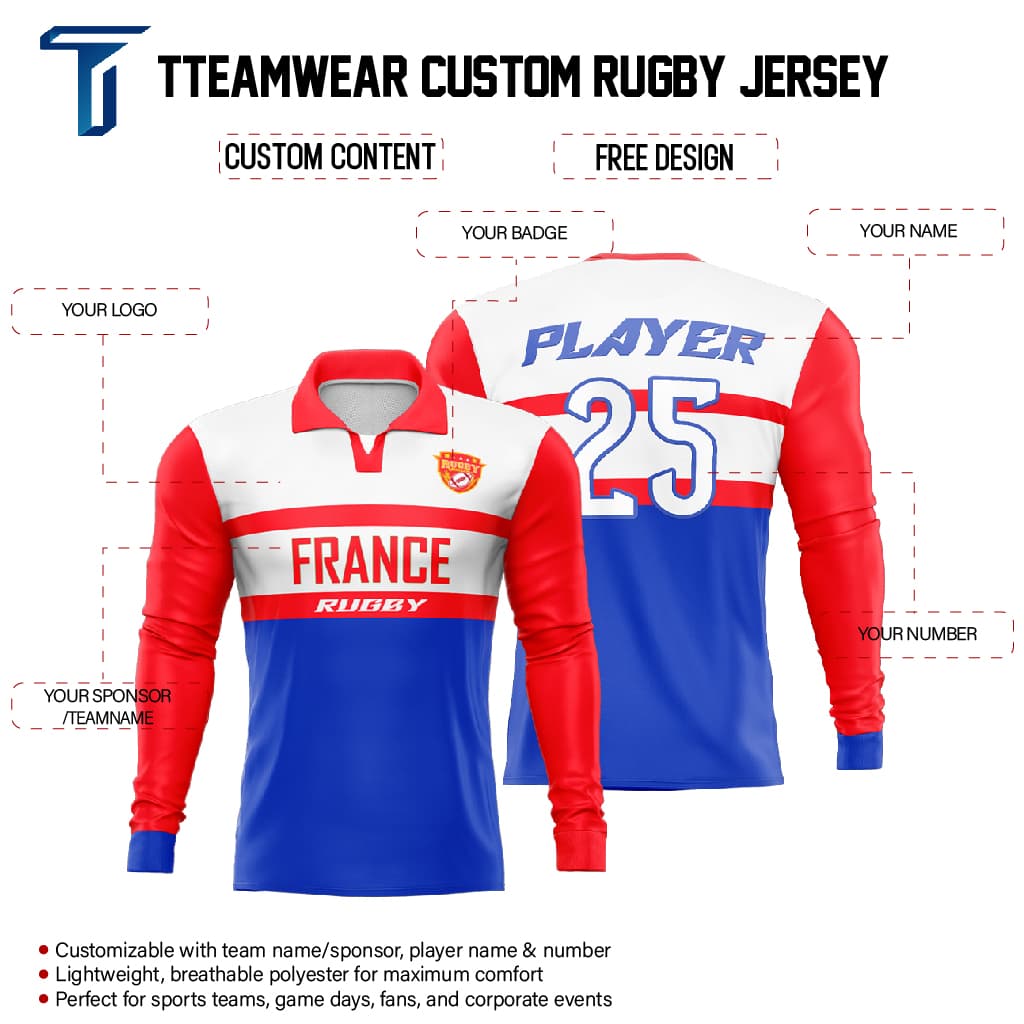 Custom France Long Sleeve Rugby Social Jersey