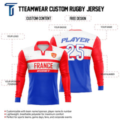 Custom France Long Sleeve Rugby Social Jersey