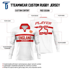 Custom England Long Sleeve Rugby Social Jersey