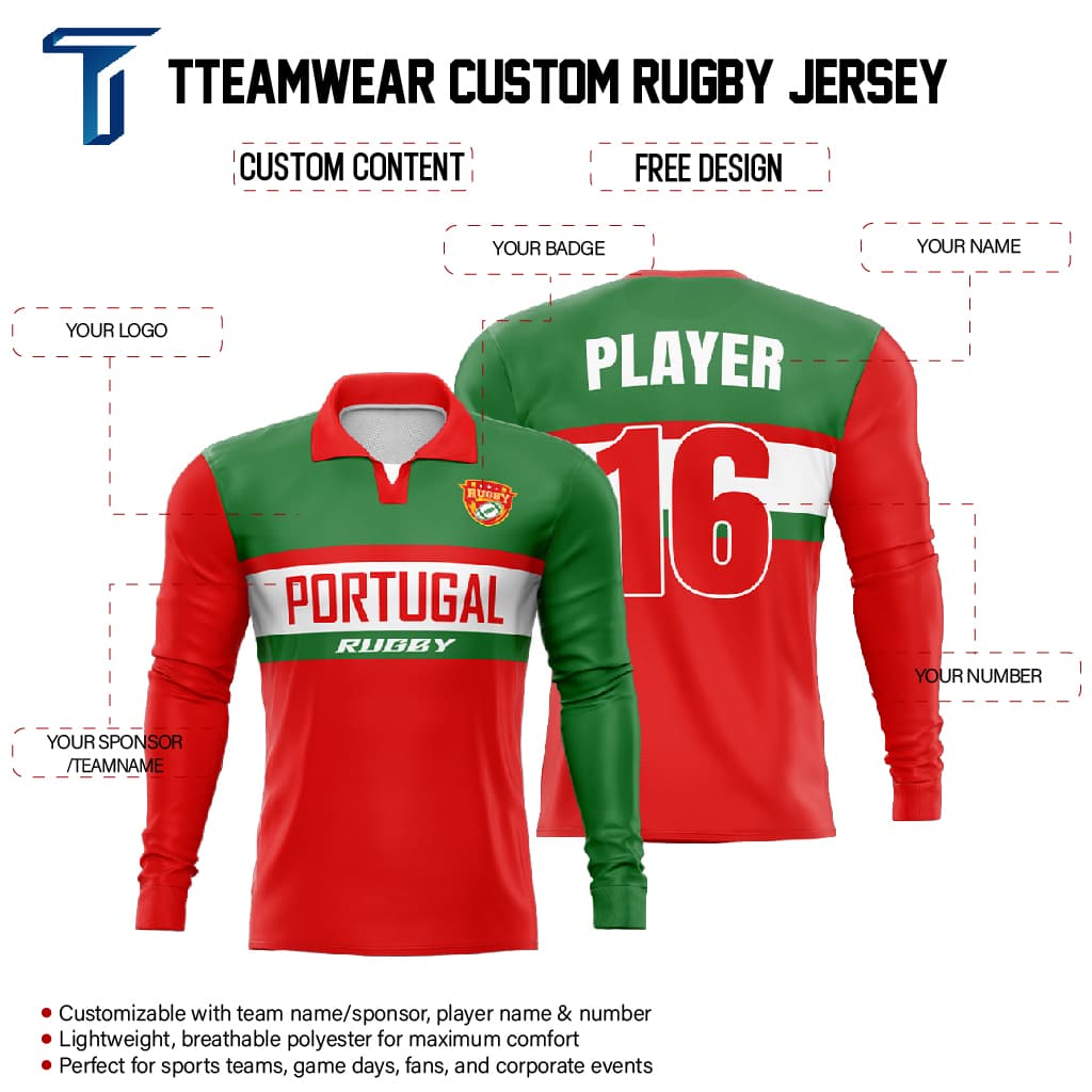 Custom Portugal Long Sleeve Rugby Social Jersey