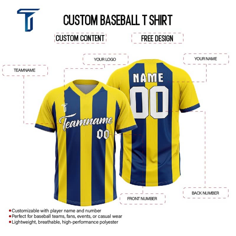 Custom Blue Yellow Stripes Authentic V Neck Throwback Baseball Jersey