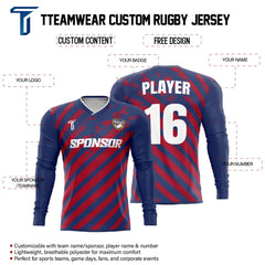 Custom Plum Red Stripe Long Sleeve Rugby Social Jersey
