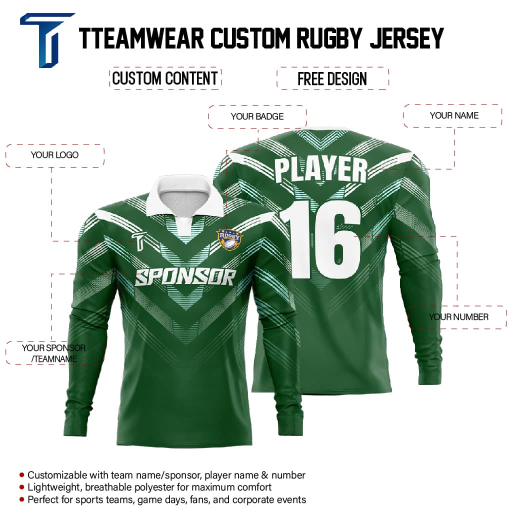 Custom Emerald Long Sleeve Rugby Social Jersey