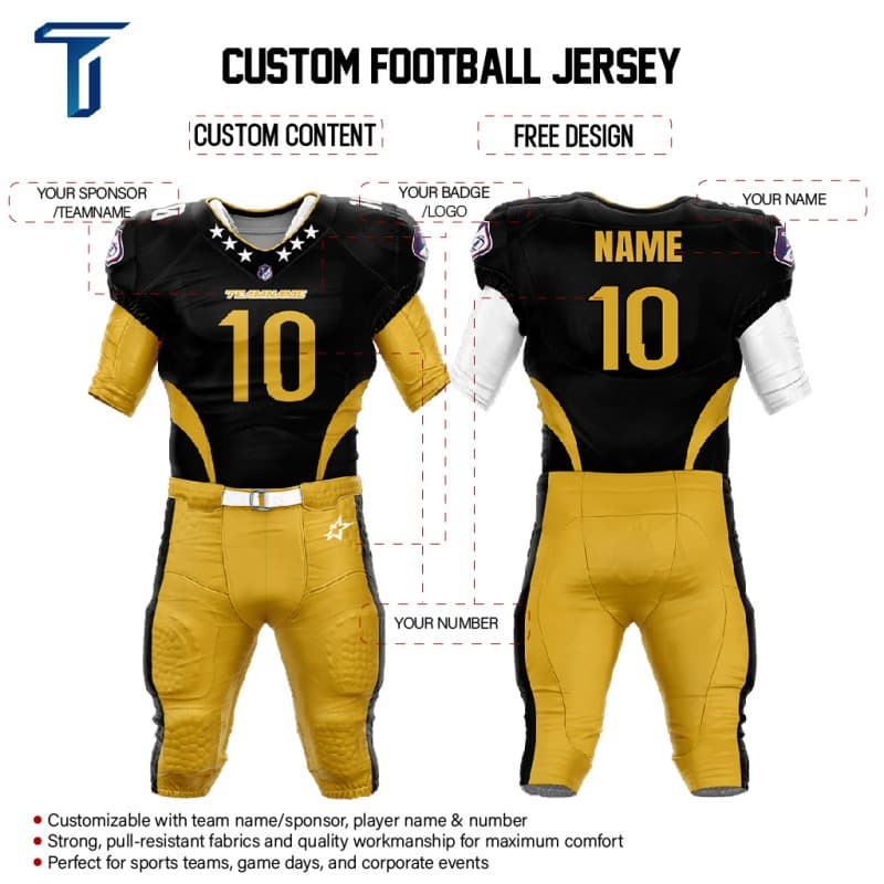 Custom Black American Football Jersey & Yellow Integrated Pants