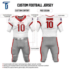 Custom White Red American Football Jersey & Grey Integrated Pants