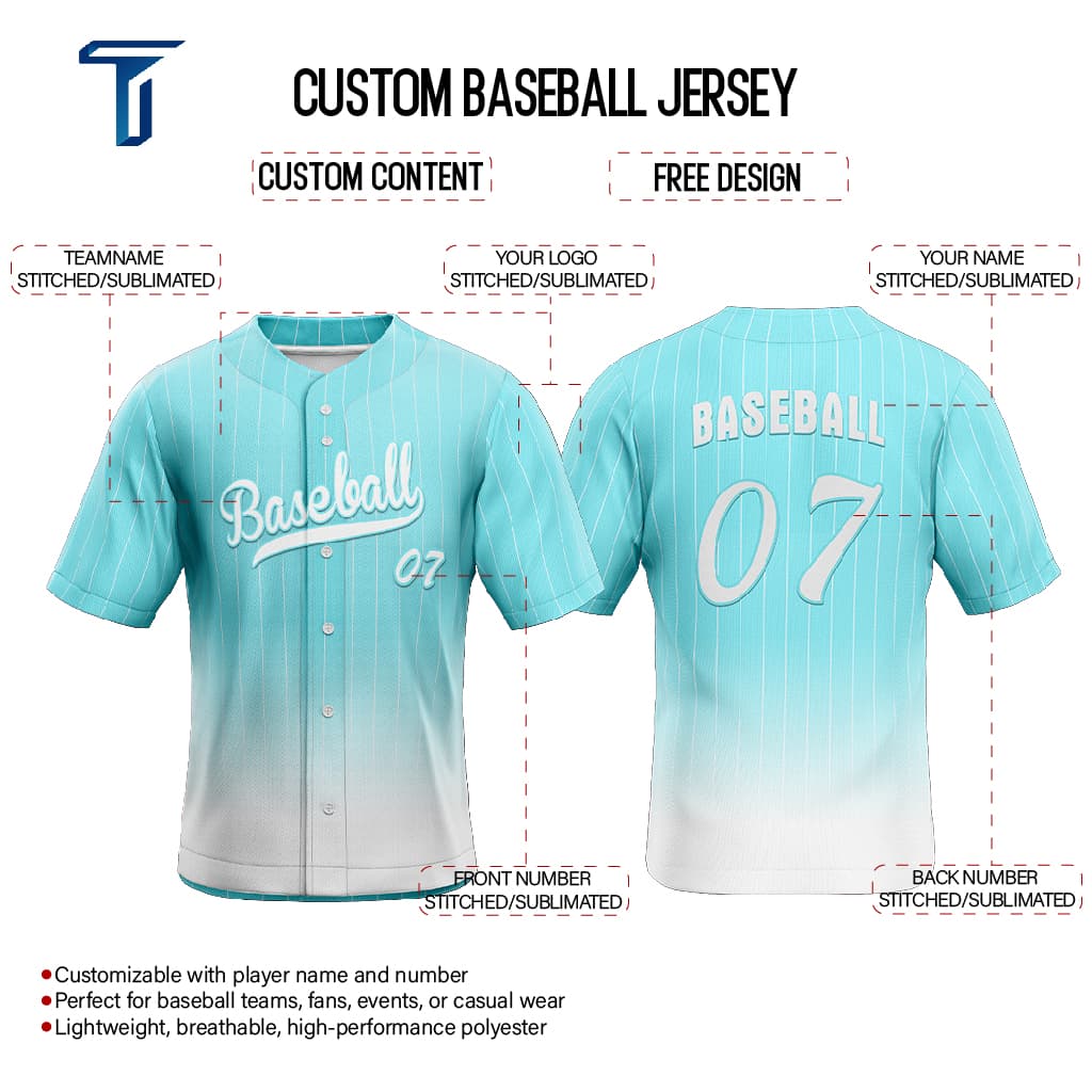 Teal Gradient Pinstripe Custom Full Button Baseball Jersey