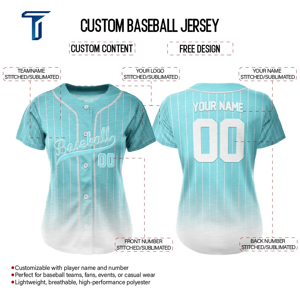 Teal Gradient Pinstripe Custom Full Button Baseball Jersey for Women