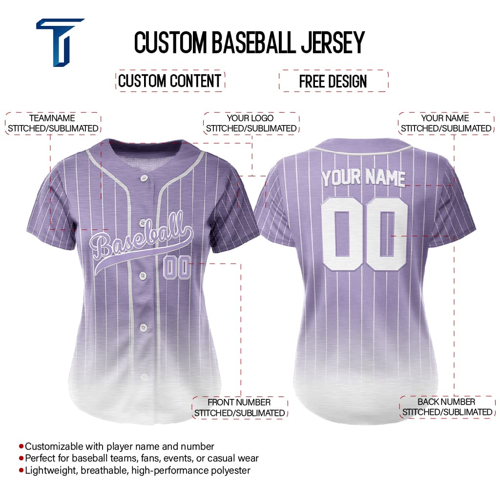 Lilac Gradient Pinstripe Custom Full Button Baseball Jersey for Women