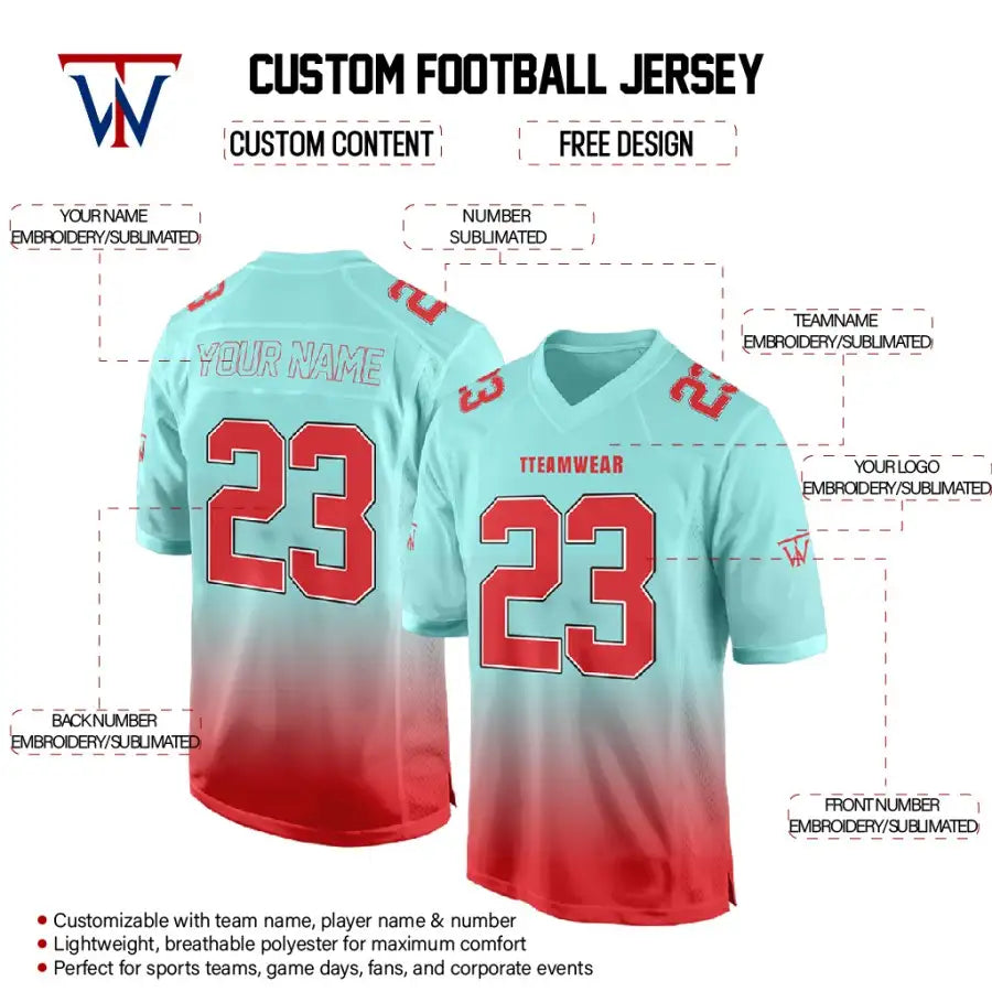 Custom Teal-Red Gradient Authentic Football Jersey
