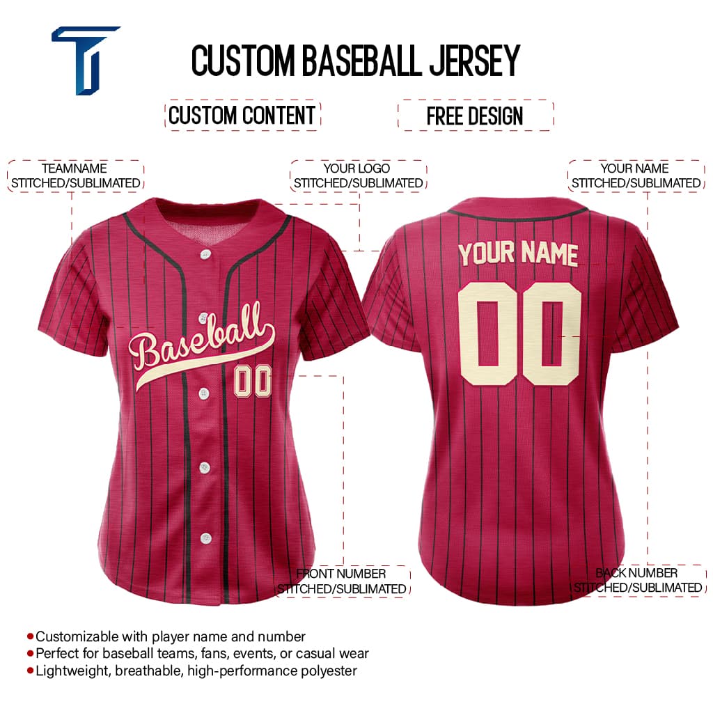 Red Retro Pinstripe Custom Full Button Baseball Jersey for Women