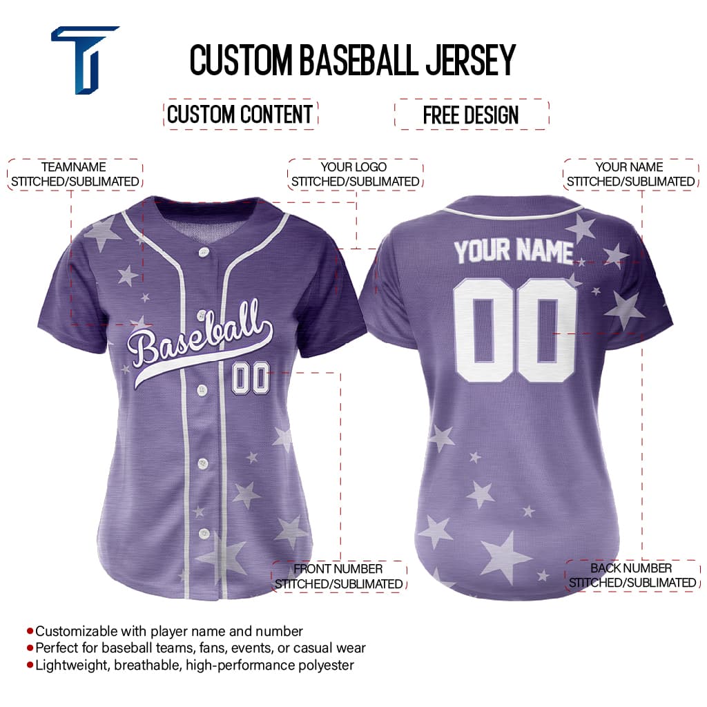 Stars Purple Custom Full Button Baseball Jersey for Women