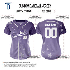 Stars Purple Custom Full Button Baseball Jersey for Women