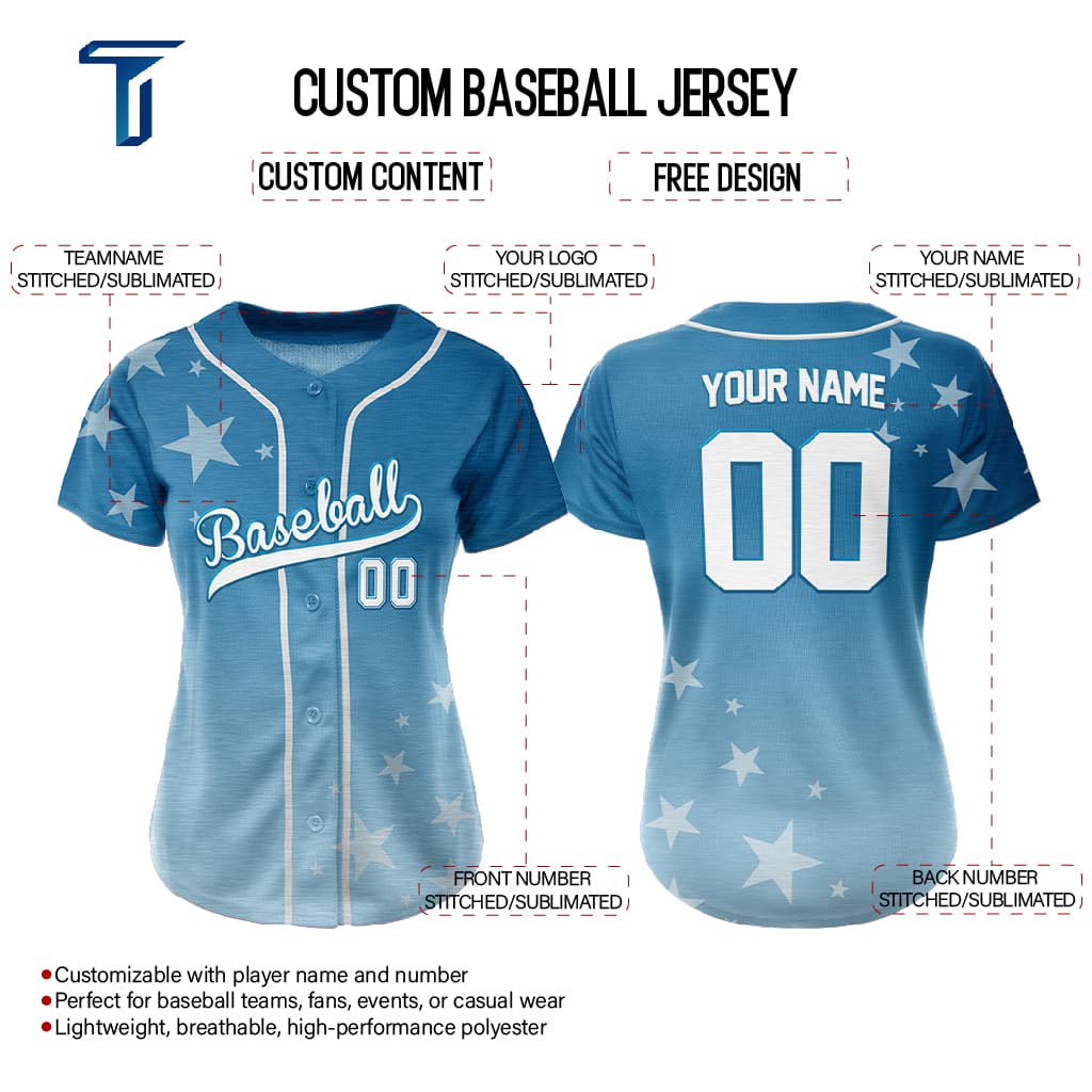 Stars Blue Custom Full Button Baseball Jersey for Women
