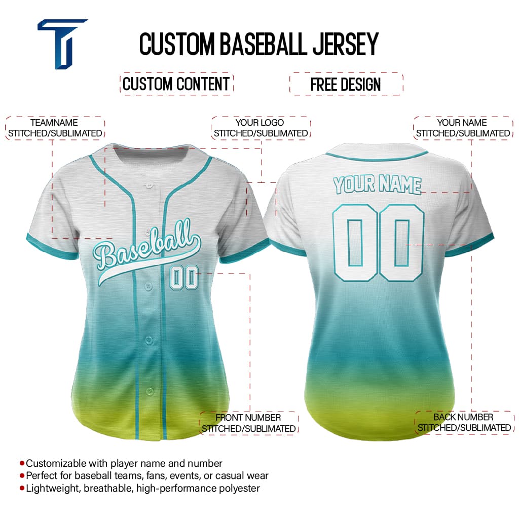 Kelly-Pine Green Gradient Custom Full Button Baseball Jersey for Women