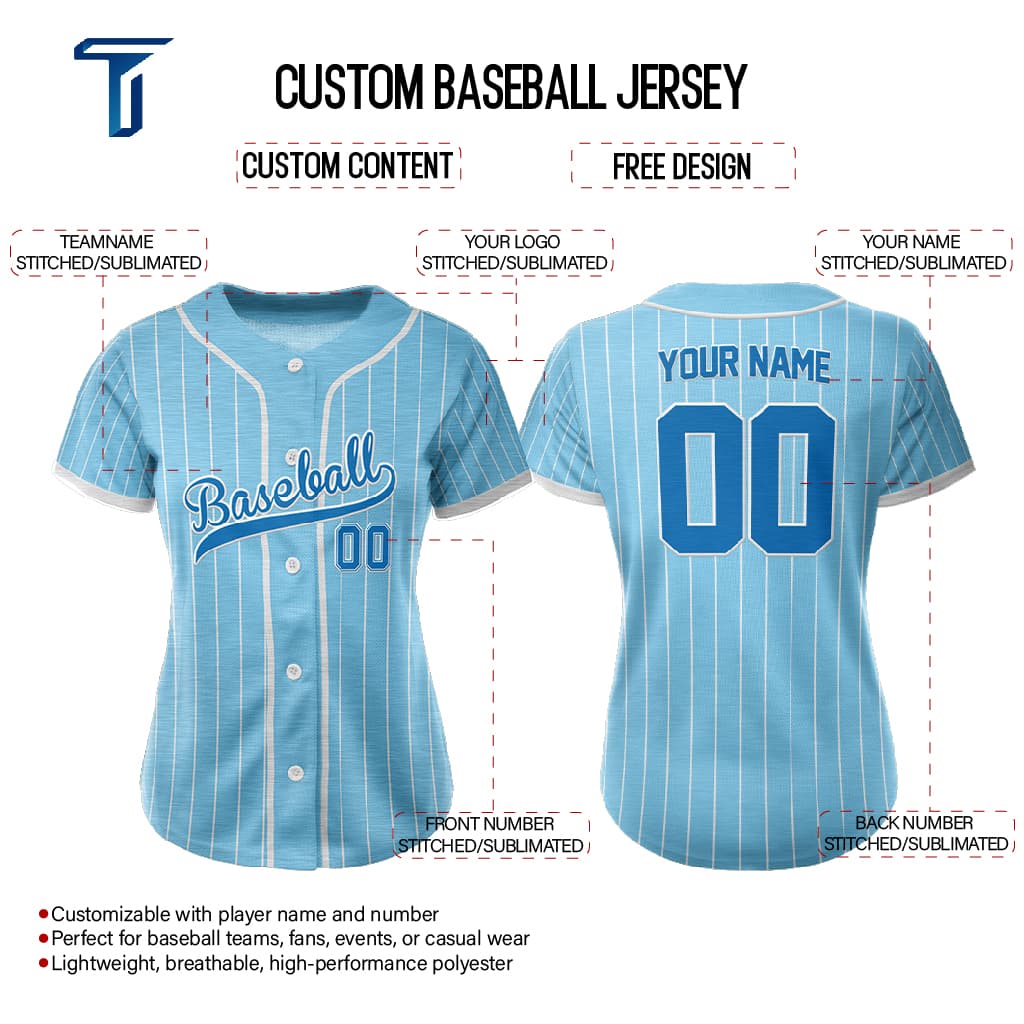 Blue Pinstripe Custom Full Button Baseball Jersey for Women