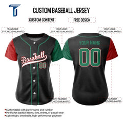 Colorblock Red-Green Custom Full Button Mexico Baseball Jersey for Women