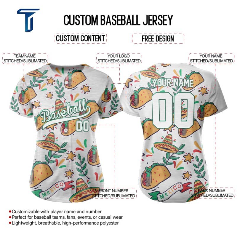 Custom Tacos Full Button Mexico Baseball Jersey for Women