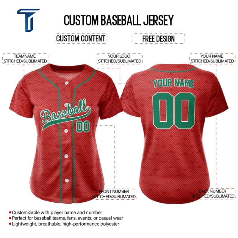 Custom Red Green Full Button Mexico Baseball Jersey for Women