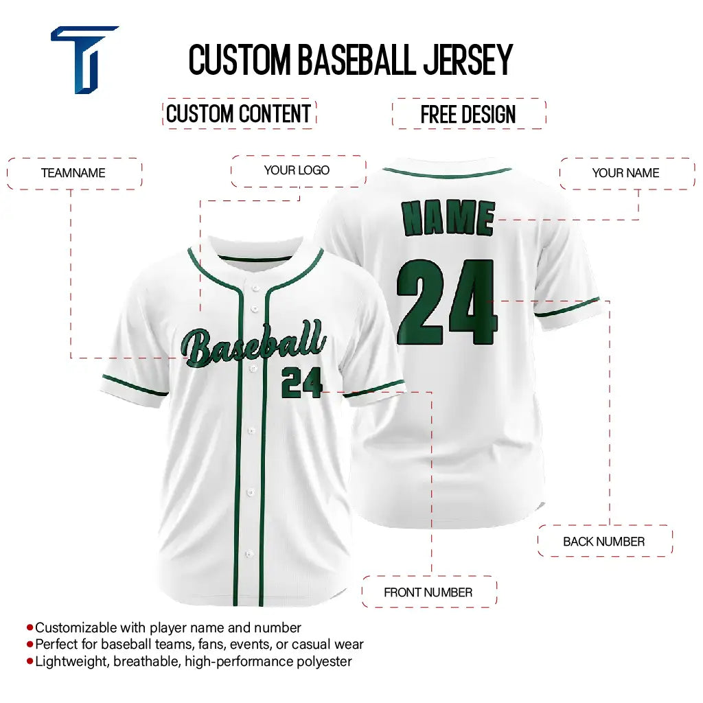 Custom White Green Button Down Classic Baseball Jersey
