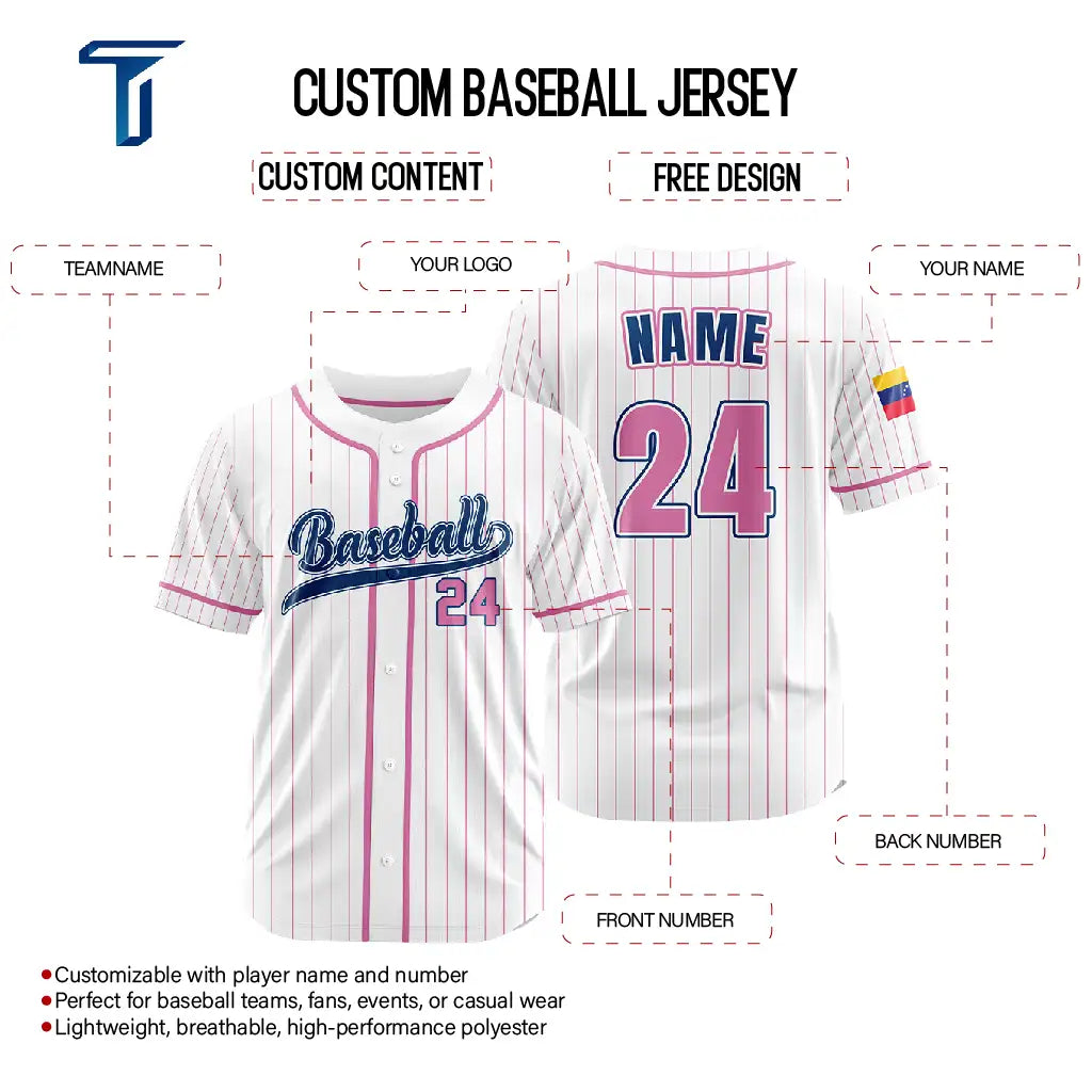Custom Pink Pinestripe Button Down Baseball Jersey