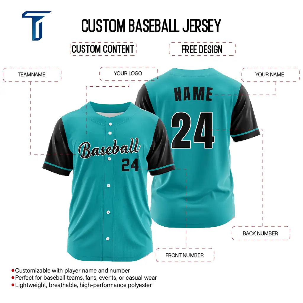 Custom Teal Black Button Down Baseball Jersey