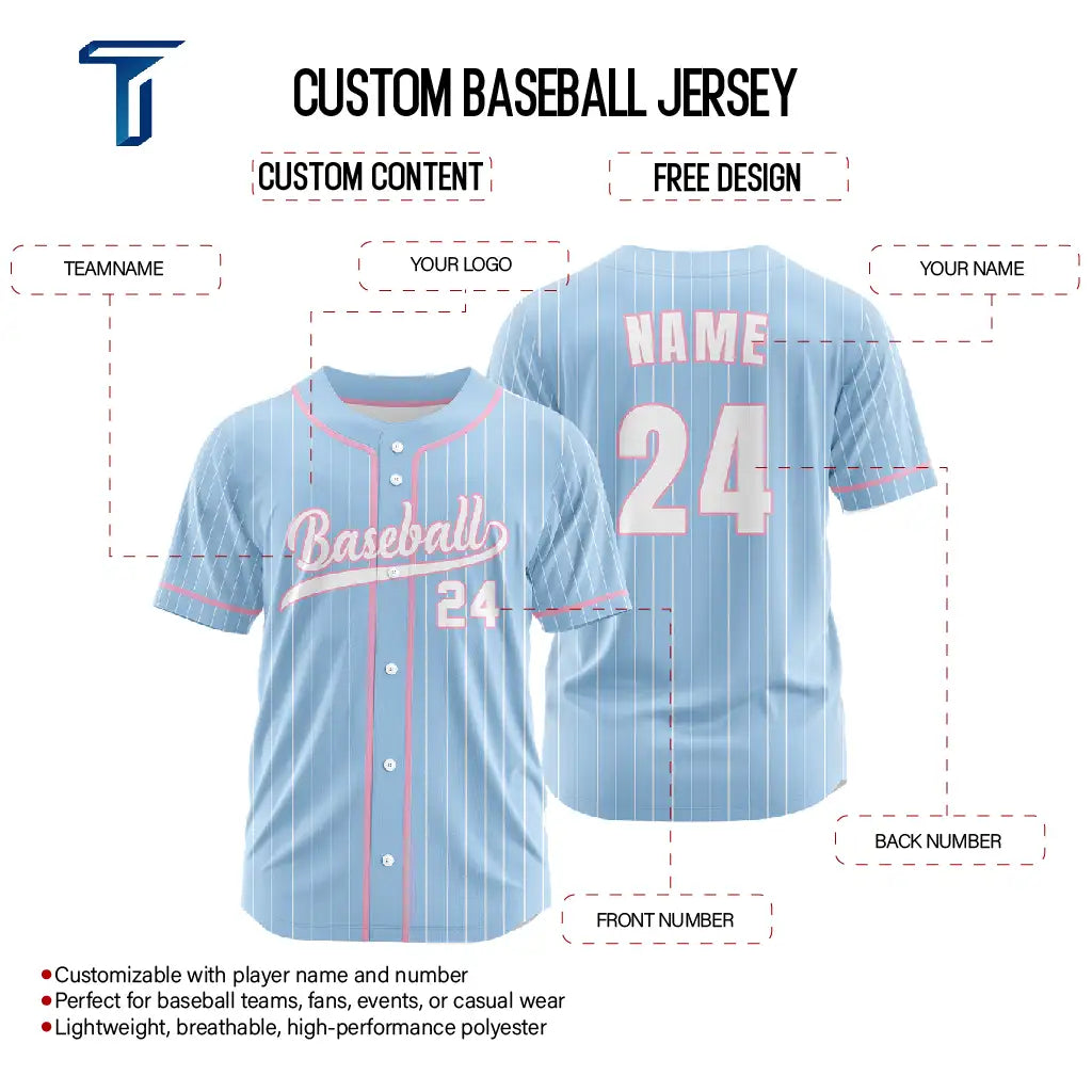 Custom Macarons Blue Pinestripe Button Down Baseball Jersey