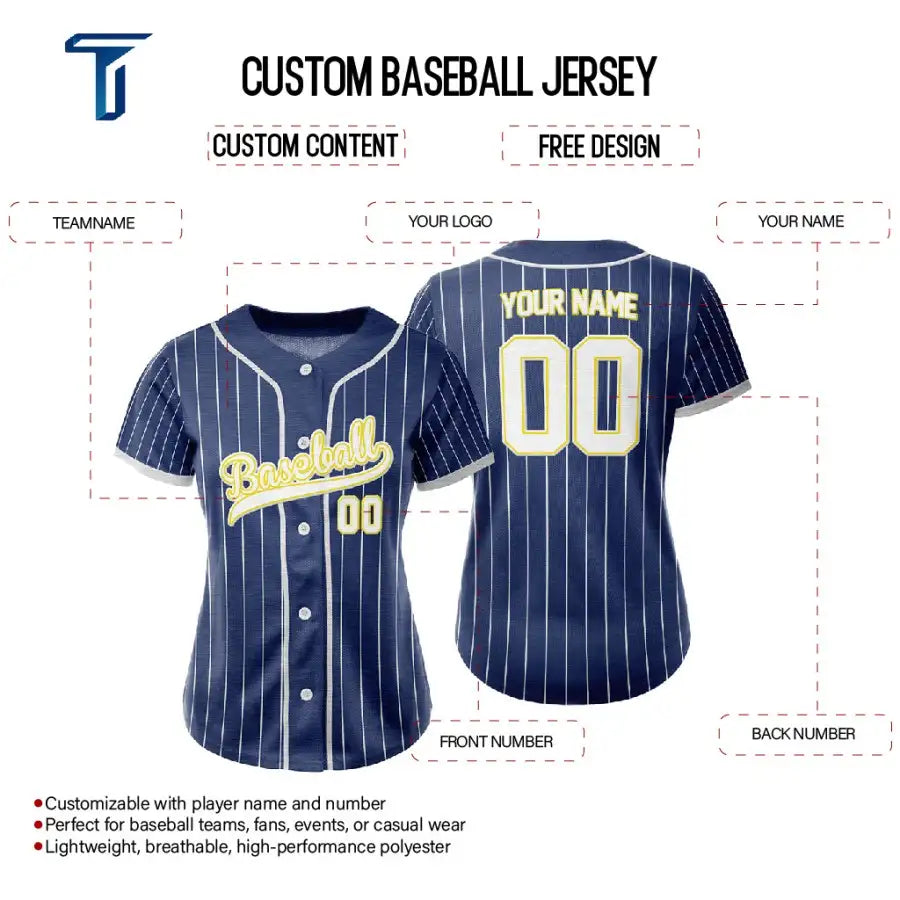Custom Navy Blue White Pinestripe Button Down Baseball Jersey for Women