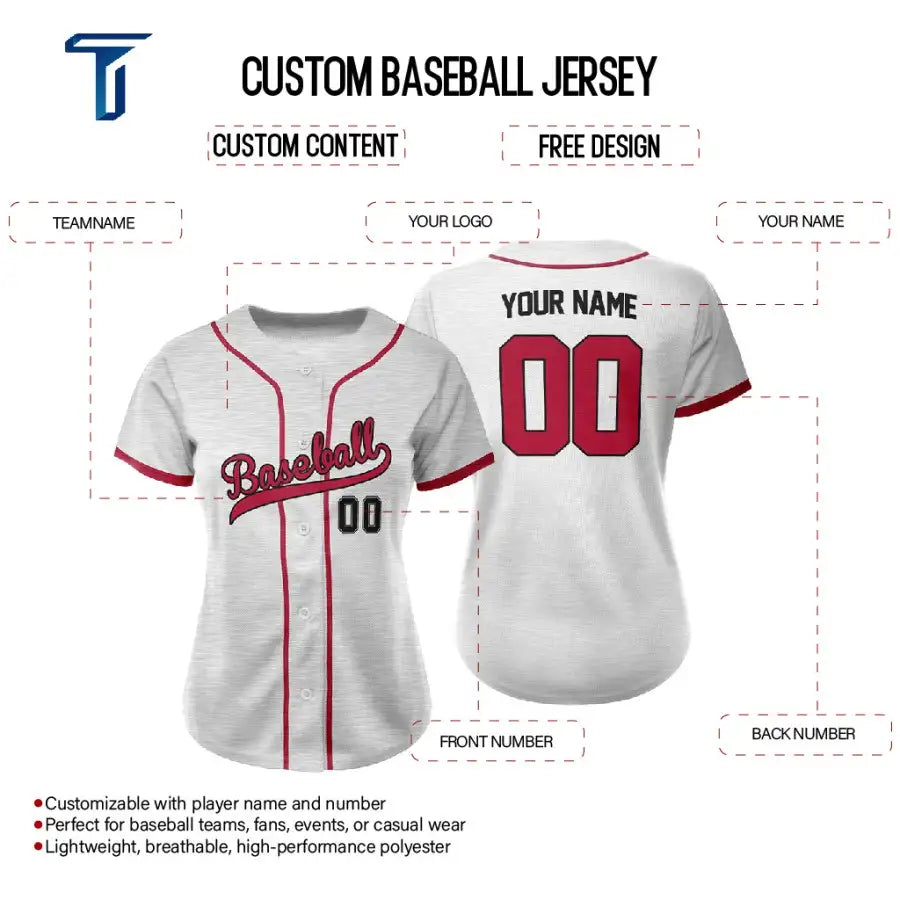 Custom Grey Heather Button Down Baseball Jersey for Women