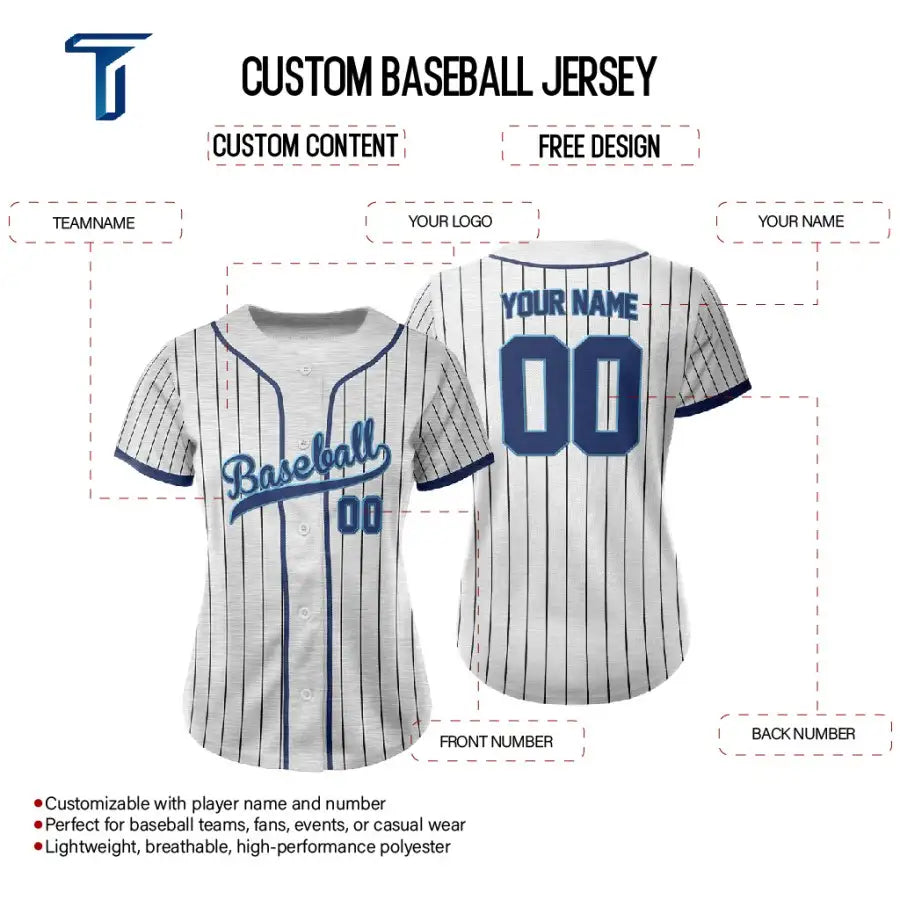 Custom Grey Blue Pinestripe Button Down Baseball Jersey for Women