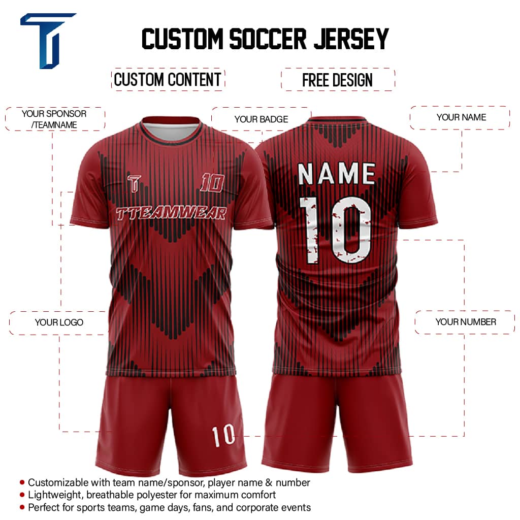 Dynamic Stripes Custom Team Adult Youth Dark Red Soccer Jersey