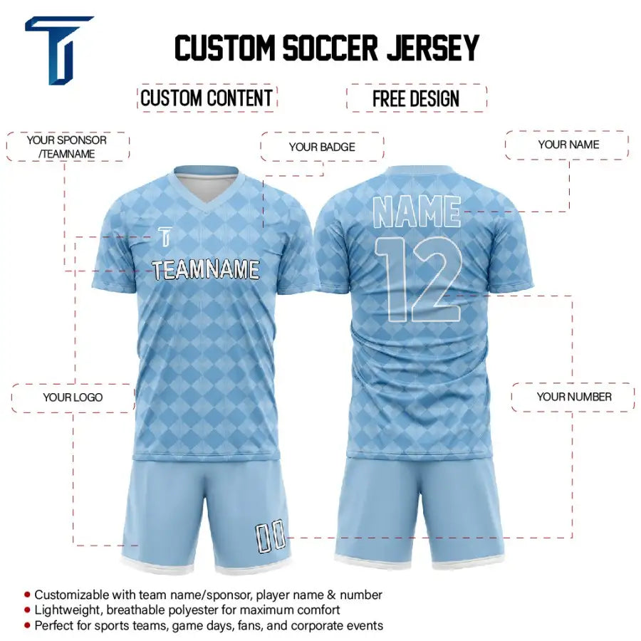 Custom Blue Checkerboard Team Soccer Jersey Uniform Set