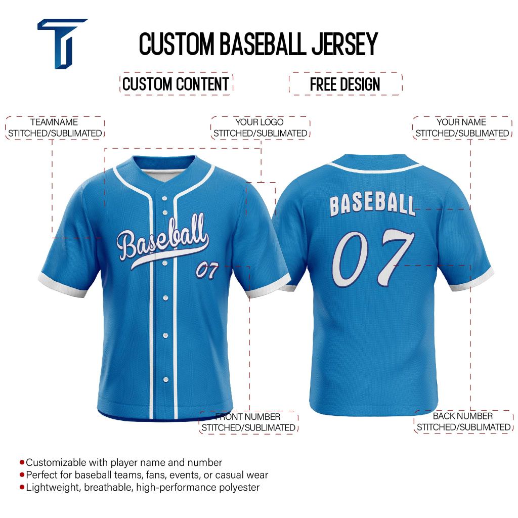 Blue Custom Classic Full Button Baseball Jersey