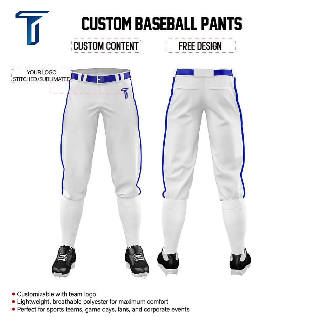 Custom White Blue Side-Stripe Stretch Practice Knickers Baseball Pants